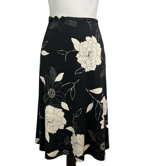 Kate Hill Skirt Plus sz 18W Black Ivory Floral Knee A Line Slinky Modest Career - Picture 1 of 7